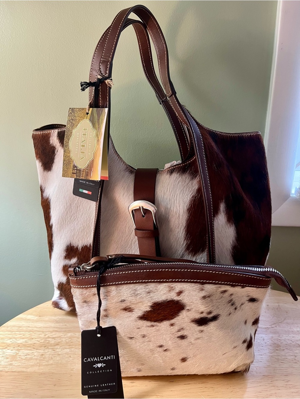 Cavalcanti Brown & White Cowhide Tote with Matching Pouch